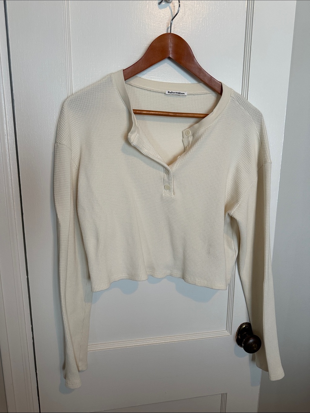 Reformation Cropped Ivory Waffle Henley, S